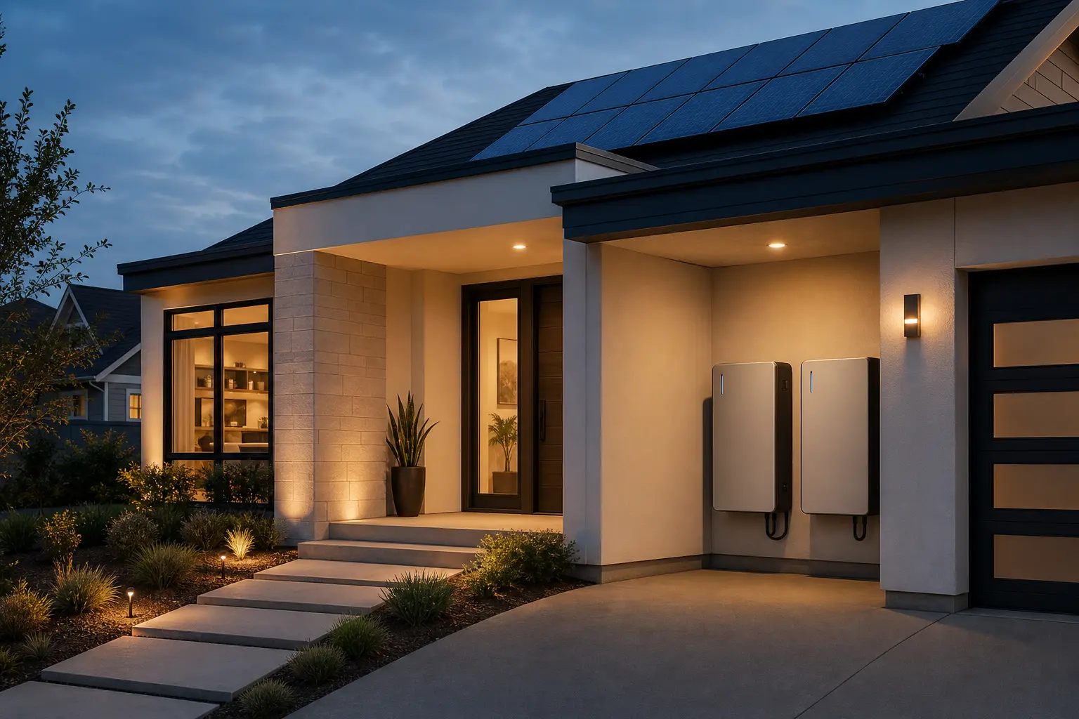 Modern solar home with two residential battery cabinets in a sheltered installation area at dusk