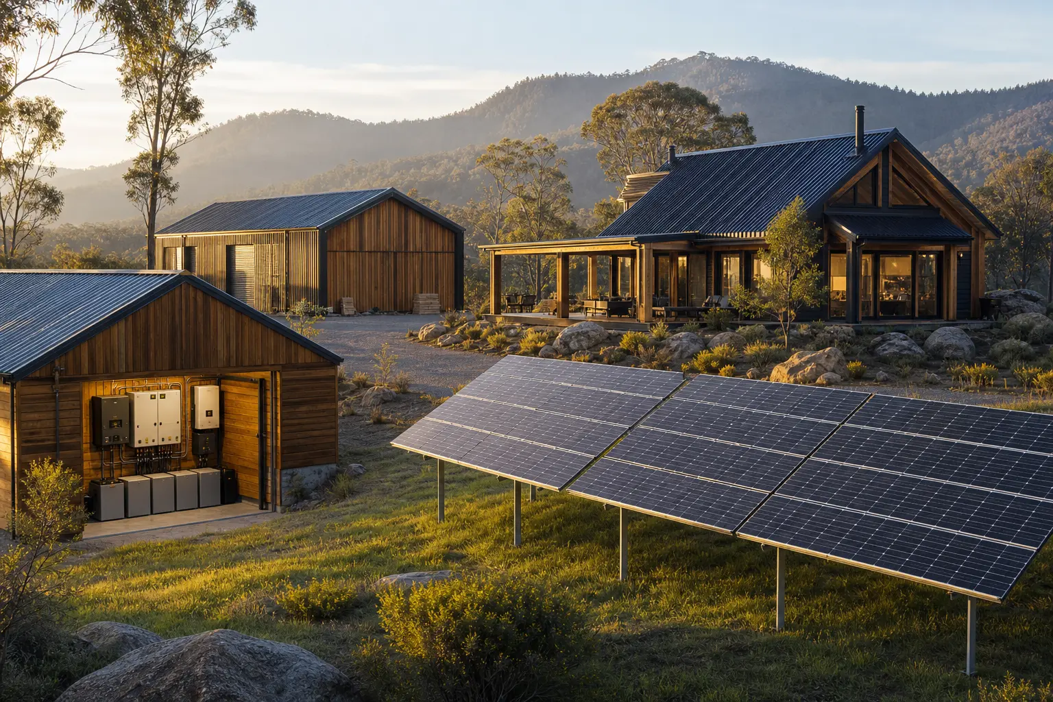 Remote cabin and workshop with ground-mounted solar and protected energy equipment