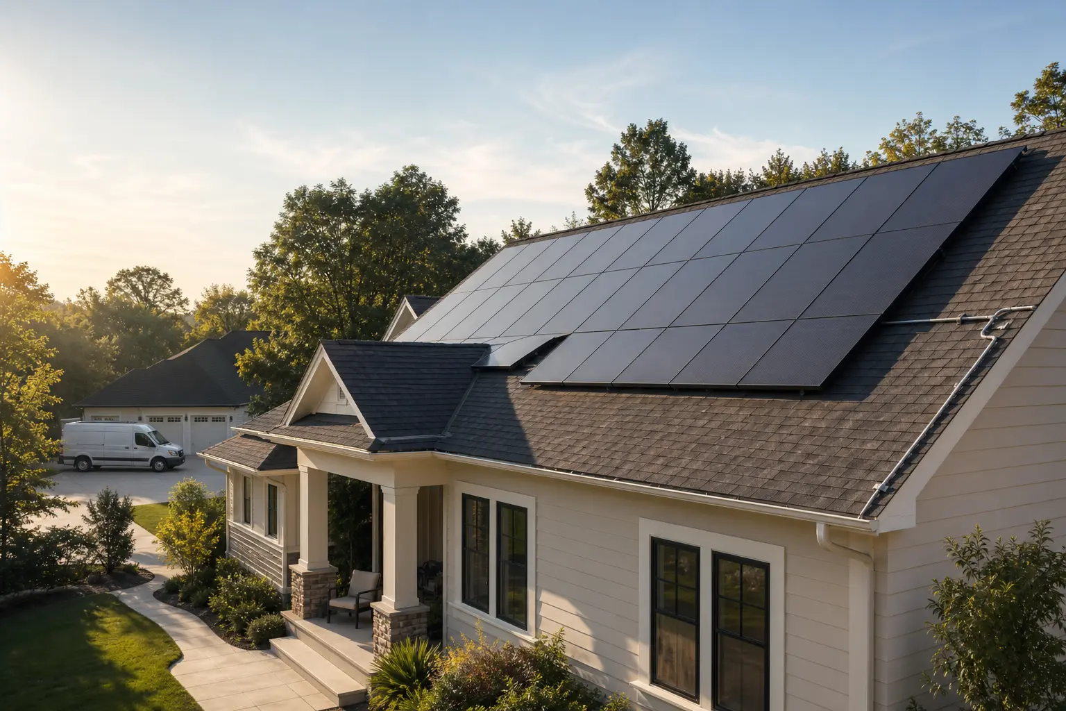 Completed rooftop solar installation on a well-kept residential home