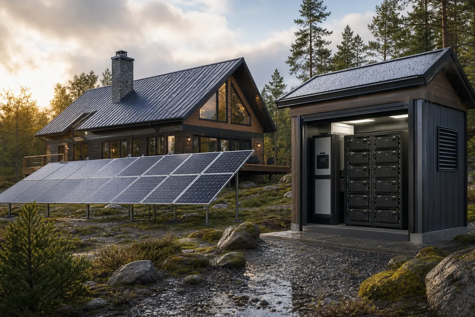 Resilience-focused remote home with ground solar and a protected high-capacity battery bank