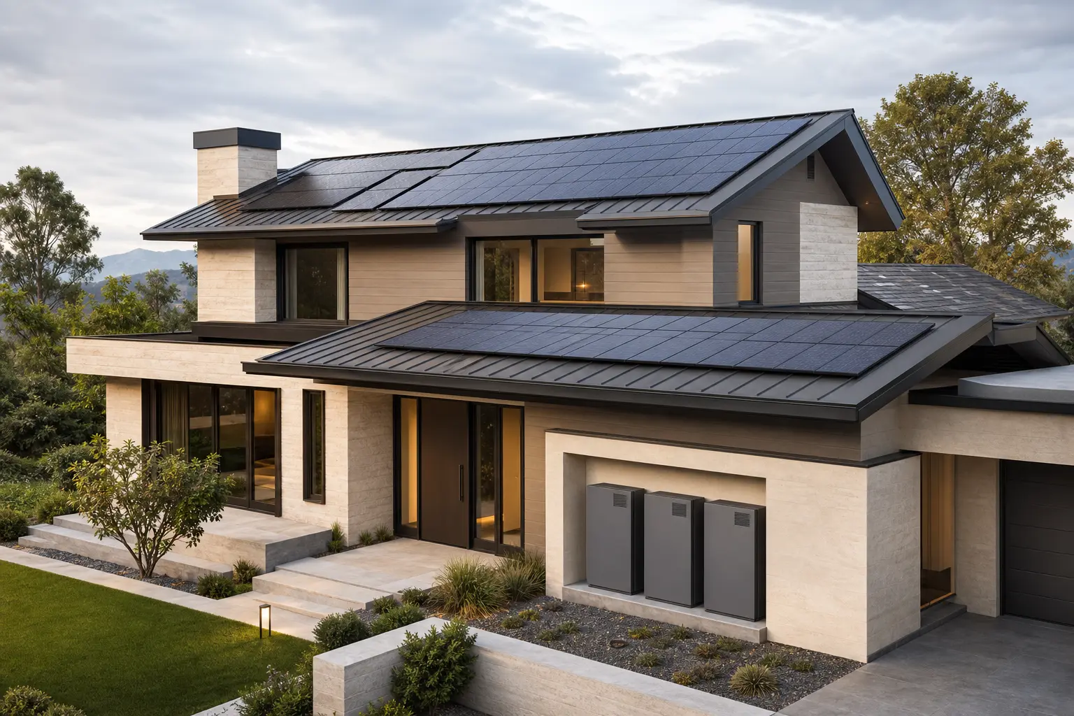 Premium multi-plane roof home with rooftop solar and modular generic battery storage