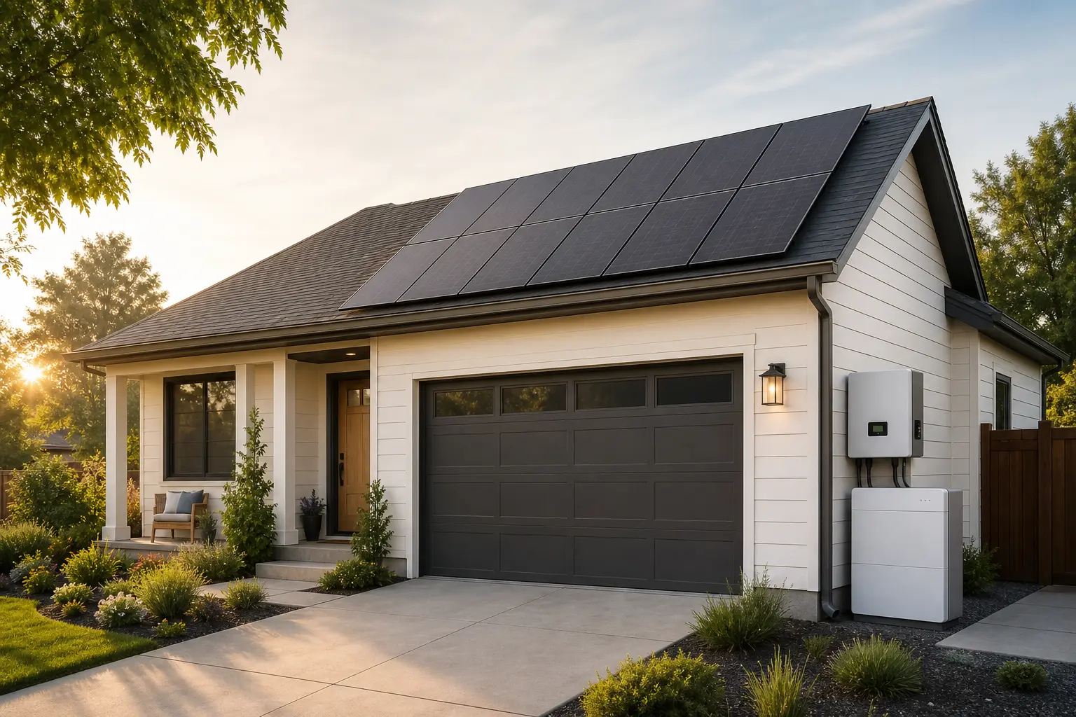 Approachable residential home with a balanced rooftop solar and generic battery package