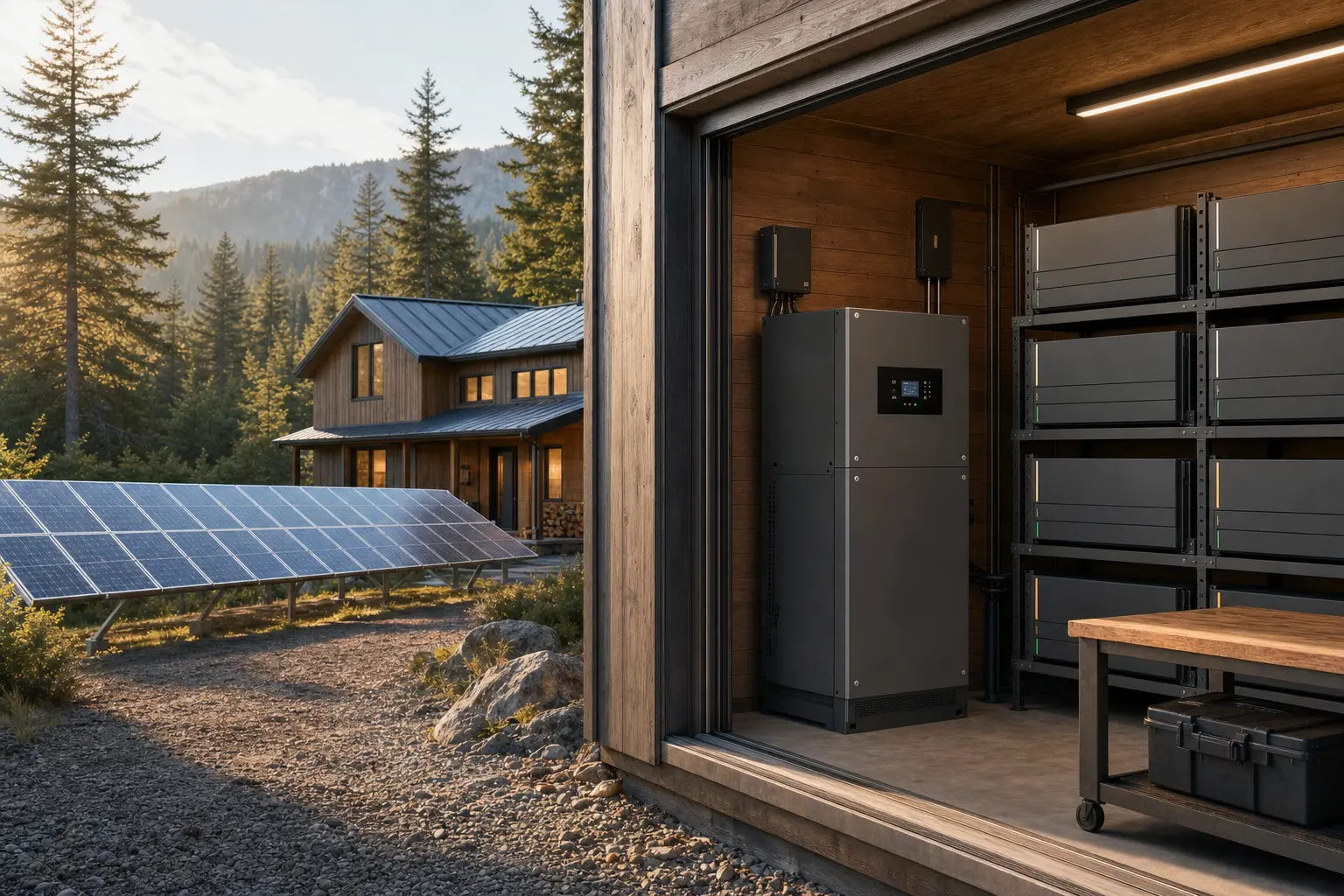 Remote workshop solar system with a substantial generic inverter and modular battery bank