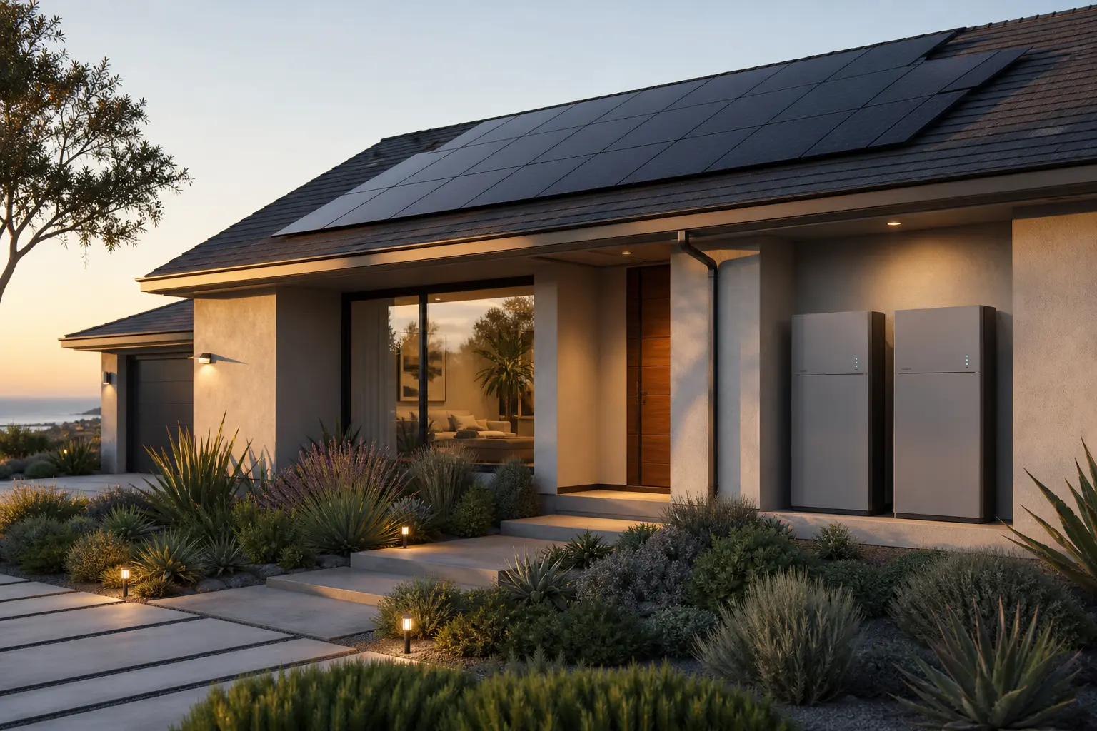 Upscale California-style solar home with dual generic residential battery storage